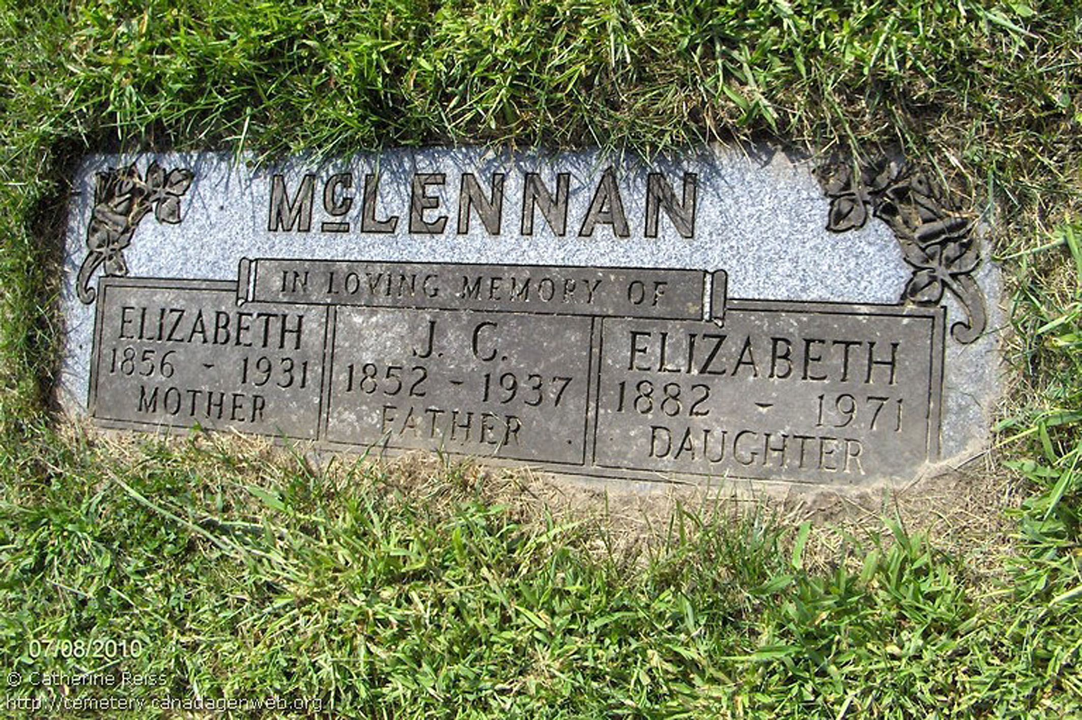 Photo of headstones/J C McLennan died 1937 MI St Stephen's Cemetery, Elgin, Ontario
